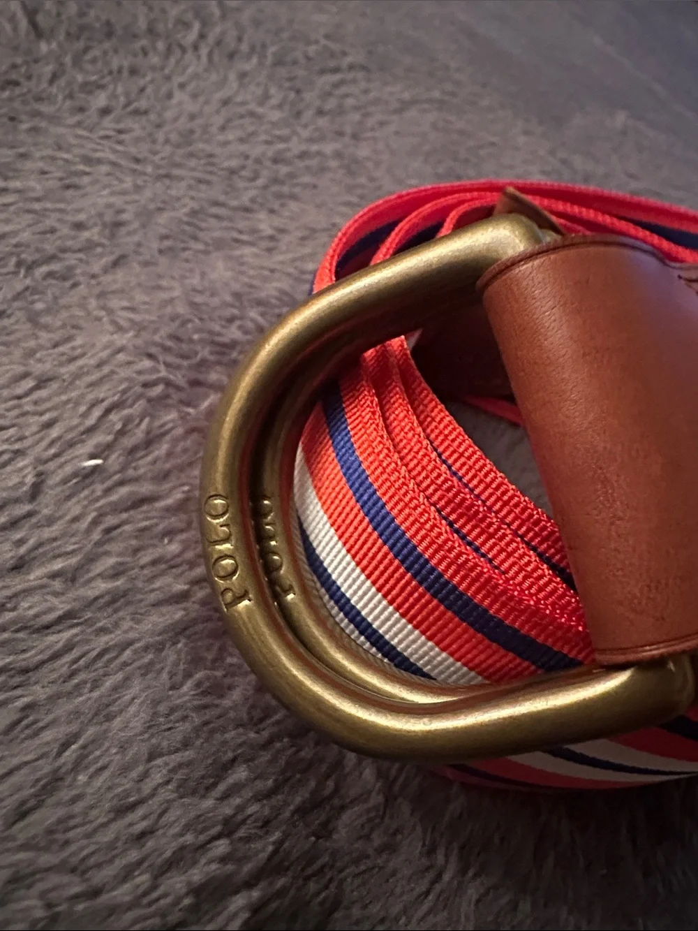 Polo Ralph Lauren Striped Orange, White & Blue Strip Belt with Leather Trim